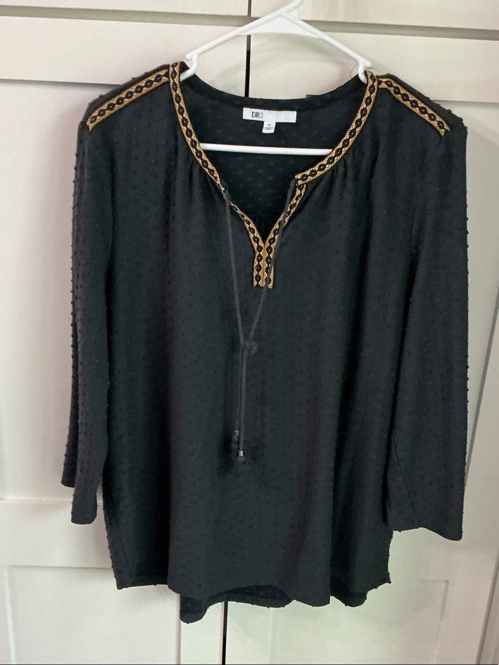DR2 Black Tunic Blouse with Gold Accent Trim